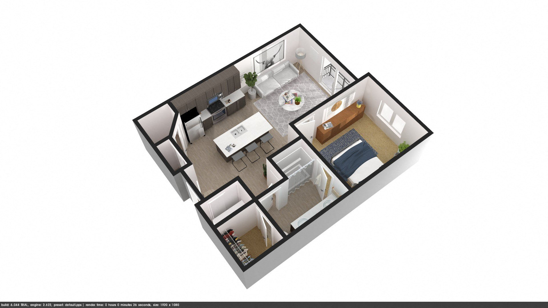 Floor plan for 1 bed, 1 bath, 700 sqft